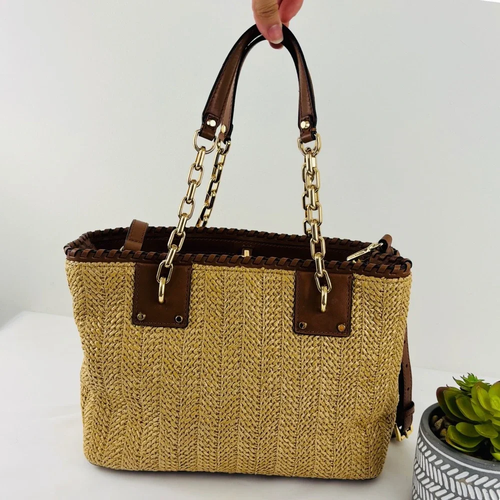 Michael Kors Straw Rattan Brown Leather Gold Chain Summer Bag Purse